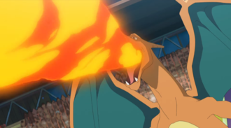 Charizard de Kiawe usando lanzallamas.