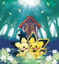 Pichu picoreja junto a Pichu color Pikachu.