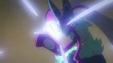 Mega-Lucario Z usando Cañón Resplandor.