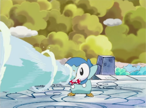 Piplup usando hidrobomba.