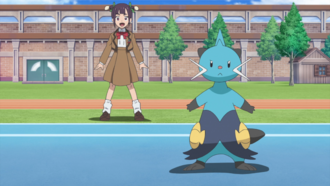 Dewott y Ann en un combate Pokémon.