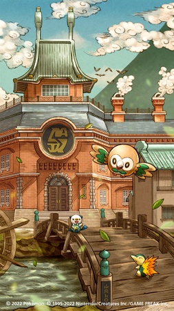 Ilustración de Rowlet, Oshawott y Cyndaquil en la base del Equipo Galaxia en Hisui.