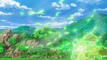 Pokémon tipo planta de Ash usando lluevehojas.