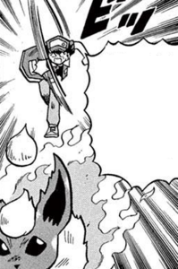 Isamu Akai lanzando una piedra agua a Flareon en Pokémon Pocket Monsters.
