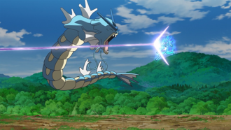 Lucario de Ash usando metaláser.