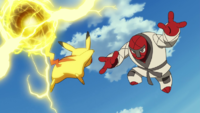 Pikachu de Ash usando bola voltio/electrobola en la P14.