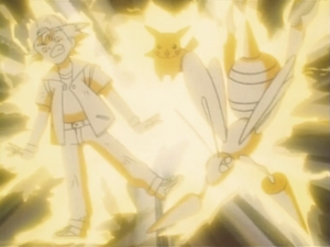Pikachu de Ash usando Impactrueno.