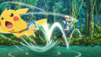 Pikachu de Ash usando ataque rápido.