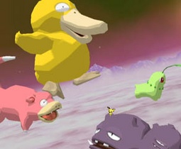 Globos de Slowpoke, Psyduck, Weezing y Chikorita en el escenario Poké Globos de Melee.