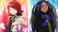 Ságita enfrentando a Plata (Neocampeón) en Pokémon Masters EX.