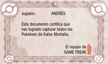 Diploma de Pokédex de Kalos Montaña