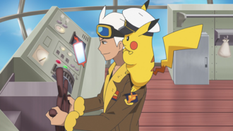 Pikachu pilotando la nave junto a Friede.