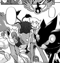 Pearl/Perla junto a Tauhiko y sus otros Pokémon.