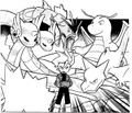 Lance (Pocket Monsters Special) junto a sus Pokémon.