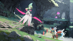 Ilustración de Ferrocuello junto a otros Pokémon Paradoja en el Área Cero.