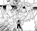 Lance (Pocket Monsters Special) junto a sus Pokémon.