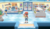 Interiror de la tienda Pokémon de Ciudad Verde en Pokémon: Let's Go, Pikachu! y Pokémon: Let's Go, Eevee!