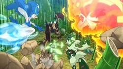 Foto de Floragato, Crocalor y Quaxwell combatiendo contra Kleavor mostrada en el EP1310.