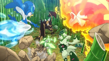 Foto de Floragato, Crocalor y Quaxwell combatiendo contra Kleavor mostrada en el EP1310.