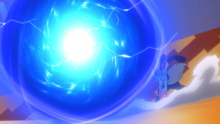Meg-Lucario de Ash usando esfera aural.