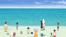 Gholdengo llegando en una ola.