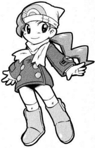 Mitsumi con la ropa de la protagonista en el juego Pokémon Platino.