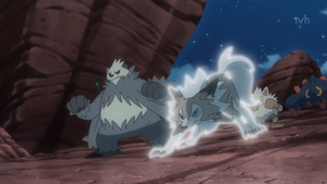 Lycanroc diurno usando roca veloz.
