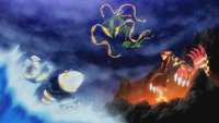 Mega-Rayquaza junto a Kyogre y Groudon primigenios en el Especial Pokémon Megaevolución.