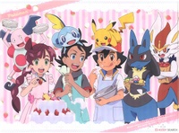 Ilustración de Chloe, Goh y Ash de la revista Animedia por el mes de febrero.