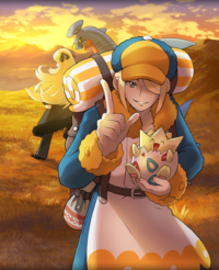 Artwork de Cintia junto a Volus en Pokémon Masters EX.