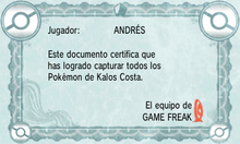 Diploma de Pokédex de Kalos Costa