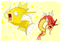 Ilustración de Magikarp y Gyarados variocolor.