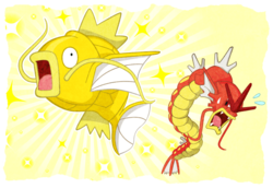 Ilustración de Magikarp y Gyarados variocolor.