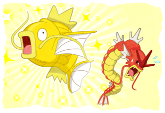 Ilustración de Magikarp y Gyarados variocolor.