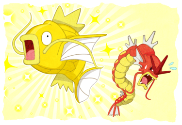 Ilustración de Magikarp y Gyarados variocolor.