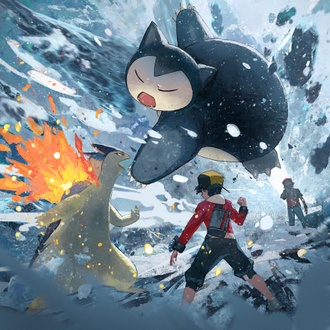 Artwork de Eco junto a su Typhlosion enfrentando al Snorlax de Rojo, por Kazuma Koda para Project Snorlax.