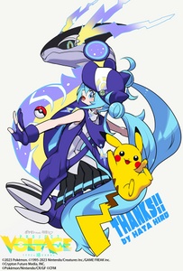 Ilustración de Miku, Miraidon y Pikachu