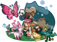 Ilustración de los protagonistas y sus Pokémon en el Poké Recreo.