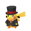 Pikachu con traje elegante rojo y monóculo