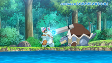 Mega-Blastoise usando hidrobomba en la escena extra exclusiva de Japón.