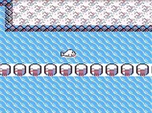 Rojo usando Surf en Pokémon Amarillo.