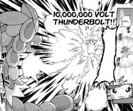 Pikachu de Ash usando gigarrayo fulminante.