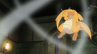 Dragonite de Ash usando vendaval.