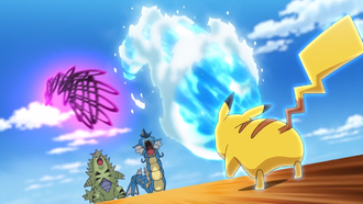 Pikachu de Ash usando Ataque Rápido.