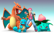 Ivysaur junto a Entrenador Pokémon y sus Pokémon.