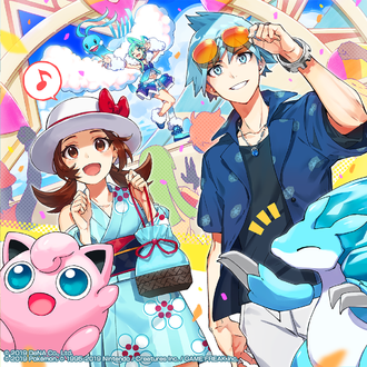 Artwork de Máximo junto a Lira y Ariana en Pokémon Masters EX.