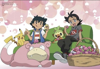 Ilustración de Goh, Ash y Slowpoke de la revista Animedia por el mes de enero de 2022.