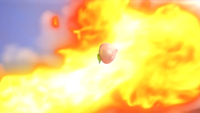 Flareon usando lanzallamas para asar una baya Meloc.