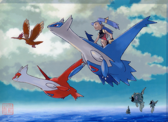 Ilustración de Latios, Latias, Fearow y Remoraid.