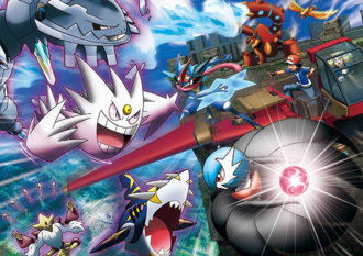 Ilustración de Mega-Gardevoir variocolor luchando contra Mega-Gengar variocolor y otras megaevoluciones en la P19.
